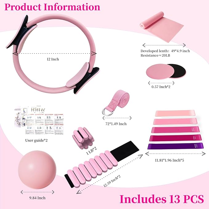 Pilates Ring Set Essentials Kit for Women with Magic Circle Ring and Ball,Core Sliders,Adjustable Ankle Wrist Weight,Exercise Resistant Bands,Accessories Equipment for Home Workout