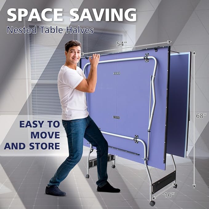 Rakon Blue Folding Rolling 8×4 FT Table Tennis Table Indoor and Outdoor Table Tennis Table, 2 Rackets, 3 Balls, 1 Net and 4 Wheels Set Behind It for Easy Movement