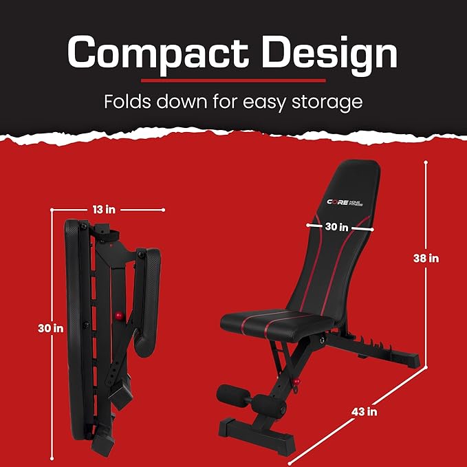 Adjustable Bench By Core Home Fitness, Foldable Weight Bench, Incline/Decline/Flat Bench, 7 Back Adjustments, Adjustable Seat, Black/Red (51MAB)