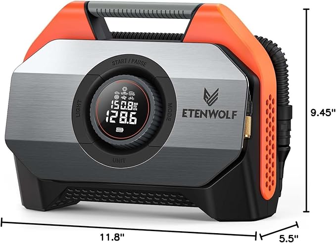 ETENWOLF VORTEX S6 Tire Inflator Portable Air Compressor for Heavy-duty Vehicle, Cordless Air Pump for Car & Inflatables with 19200 mAh Battery, 100% Duty Cycle & Dual Cylinder Bike Pump, Vivid Orange