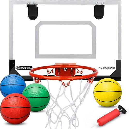 Indoor Basketball Hoop Set for Kids Adults, Mini Over The Door Hoop Set with 4 Mini 6" Balls for Wall Home Office, Upgarde Wall Mount Basketball Goal Sport Game for Boys Age 3-12 Years