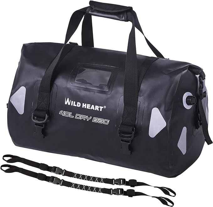 WILD HEART Waterproof Motorcycle Duffel Bag PVC500D Double-bottom With Rope Straps and Inner Pocket 40L 66L 100L for Kayaking, Camping, Boating,Motorcycle