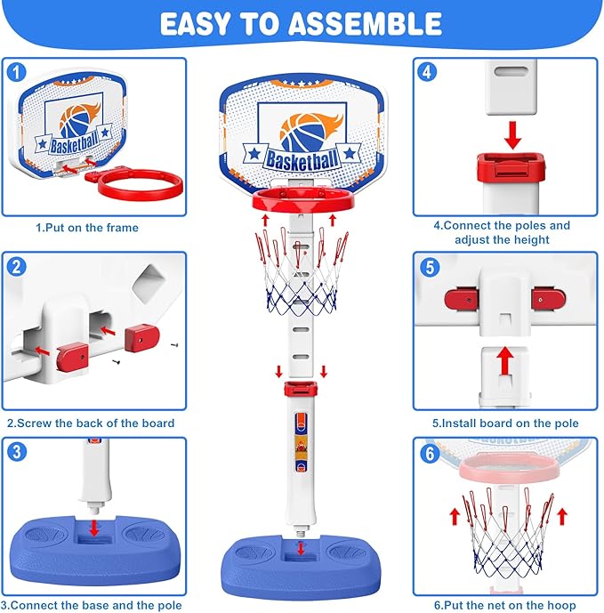 M SANMERSEN Toddler Basketball Hoop Indoor, Mini Height Adjustable Kids Basketball Hoop with 6 Balls, Outdoor Basketball Pool Games Toys Gifts for Baby Boys Girls Ages 1-3 2-4 4-8 Birthday Gifts