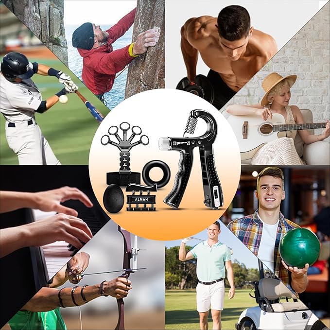 ALMAH Hand Grip Strengthener kit(5 Pack),Grip Strength Trainer,Forearm Workout Trainer Adjustable Grip Exercises,Finger Grip Strengthener,Finger Stretcher,Grip Ring & Stress Relief Ball with Carry Bag