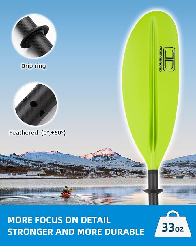 OCEANBROAD Carbon Fiber Kayak Paddle 90.5in/230cm, 86in/218cm for Adults Kayaking Boating Canoeing Oar with Paddle Leash