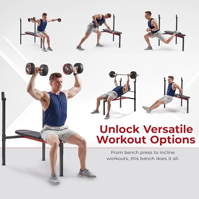 Sunny Health & Fitness Compact Premium Incline Bench Press Bar Rack Set & Optional Leg Extension Developer, Preacher Curl for Solid Strength Training Home Gym