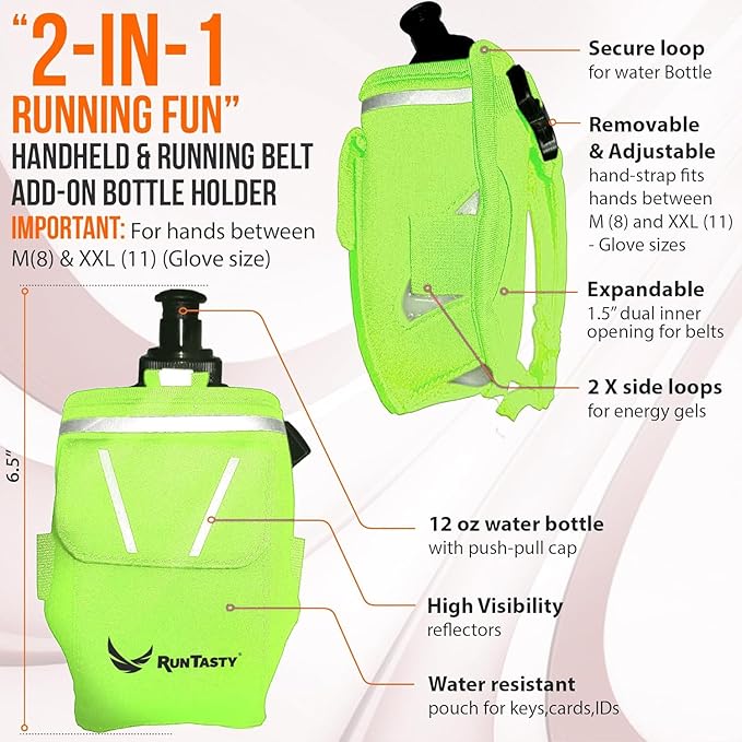 2-in-1 Running Fun – Handheld 12 Oz Water Bottle & Running Belt Add-On – No-Grip Design, Straps on Hand & Slides on Belt, Waterproof Pocket for Money, Keys, Gels – Maximize Time, Freedom & Health