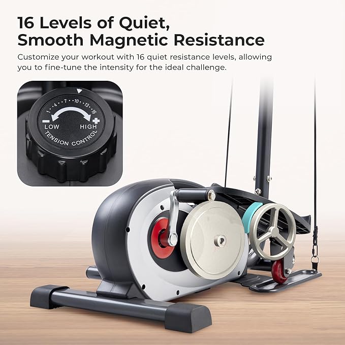 Sunny Health & Fitness 2-in-1 Sit/Stand Mini Elliptical Machine, Portable Under Desk Peddler Exerciser for Senior Home Workout, Optional Free Sunnyfit App Bluetooth Link, Handlebars or Resistance Band