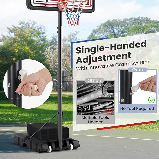 GYMAX Basketball Hoop, 7.4-10 FT Single Hand Rotation Adjustable Basketball Goal with 44” PC Backboard, Fillable Base & Weight Bag, Portable Basketball Hoop for Kids Youth Adults, Backyard Court