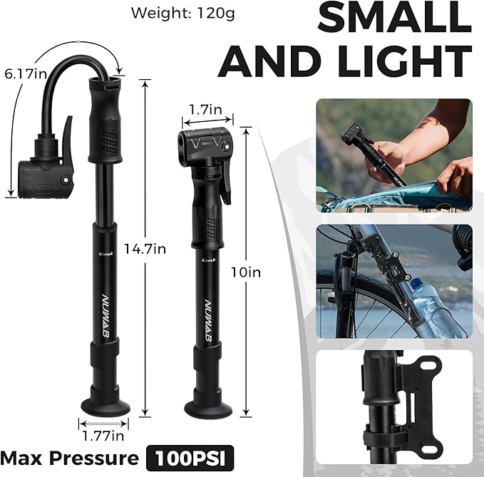 NUWAB Mini Bike Pump, 10 Inch Portable Hand Bicycle Pump, 100PSI, Support Shrader and Presta, Fast Air Out Ball Pump, Work with All Bikes and Balls, Swimming Ring, Come with Ball Needles, Nozzles