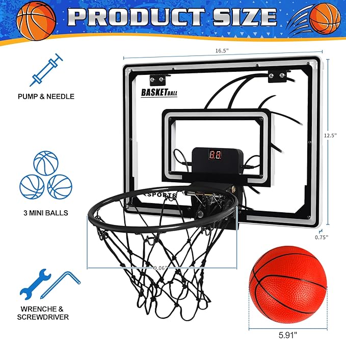Mini Basketball Hoop Indoor with Scorer and Batteries, Indoor Basketball Hoop Over The Door with Colorful LED Lighting, Toy Basketball Set for Boys Girls Age 3 4 5 6 7 8