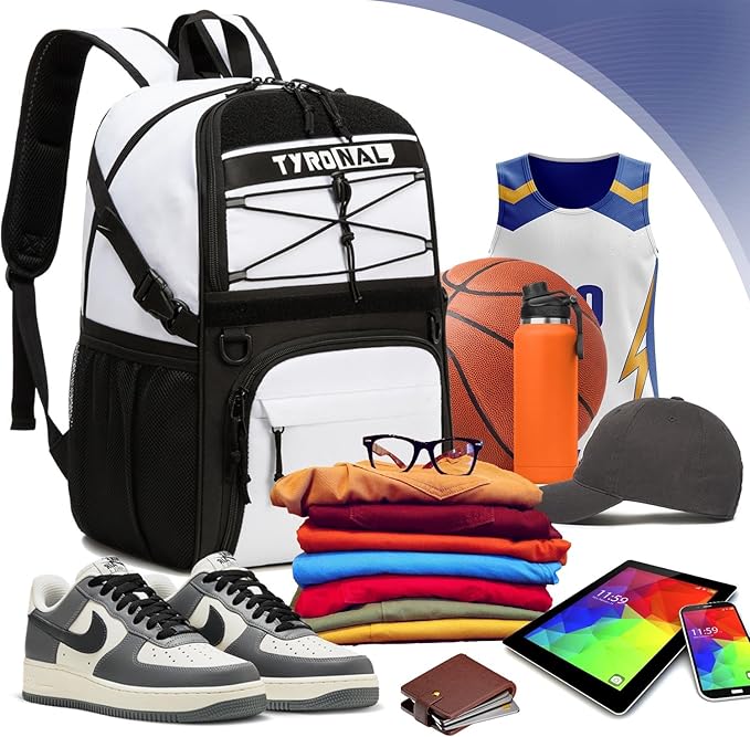 Basketball Bag Backpack with Ball Holder and Shoes Compartment,Best for Basketball, Soccer, Volleyball, Gym. (WHITE)