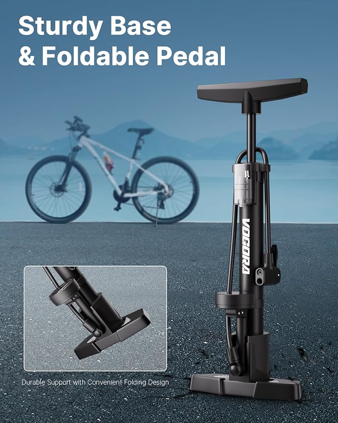 Bike Pump Presta & Schrader Valves, Bicycle Pump with Pressure Gauge for All Bikes, Bike Tyre Pump for Car Tyres, Foot Pump for Road Mountain Bikes & Balls