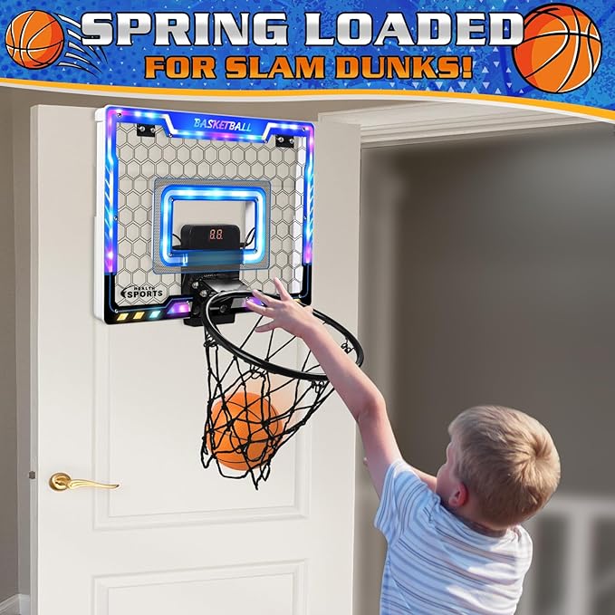 Mini Basketball Hoop Indoor with Scorer and Batteries, Indoor Basketball Hoop Over The Door with Colorful LED Lighting, Toy Basketball Set for Boys Girls Age 3 4 5 6 7 8