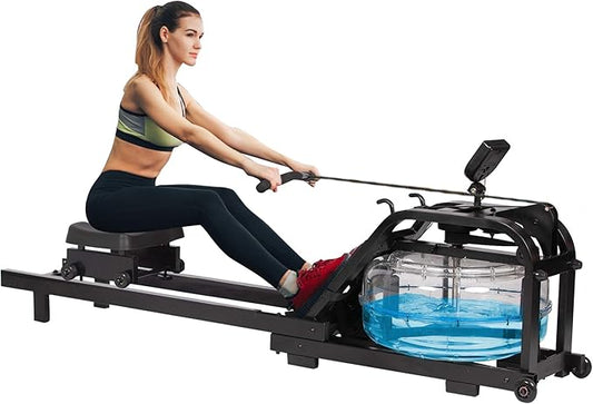 LUCKYERMORE Water Rowing Machine with LCD Monitor for Home/Gym, 265 Lbs Weight Capacity, Adjustable, Space Saving, Mobile, Double Track Indoor Rower Fitness, Black