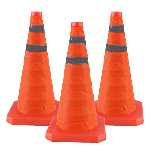 18 Inch 3 Pack Collapsible Traffic Safety Cones, Orange Cones with Reflective Collar, Portable Multipurpose Traffic Cones for Parking Construction Driving Training Sports Practice