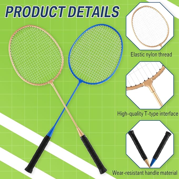 Woanger 8 Packs Badminton Rackets Set with 12 Badminton Racquets for Adult Backyard Gym Beach Outdoor Games