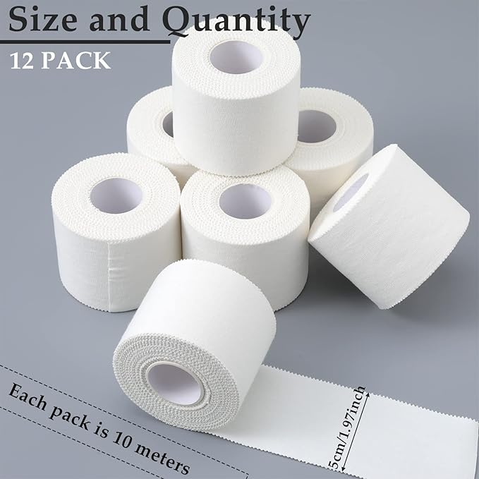 Hoolerry 12 Rolls 130 Yard Athletic Sports Tape Pre Wrap Very Strong Easy Tear No Sticky Residue Tape for Fingers Ankles Wrist Injury Wrap, Football Baseball Hockey Soccer(2 Inch,White)