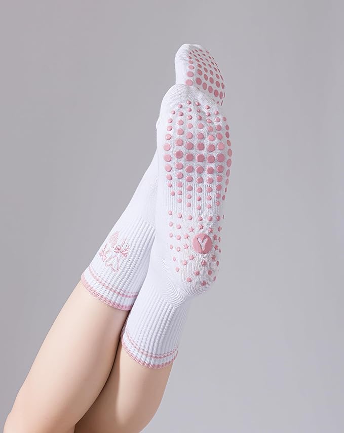 Yawlsow Pilates Grip Socks for Women Yoga Grippy Socks Cute Barre Non Skid Athletic Crew Sticky Sock Workout Hospital