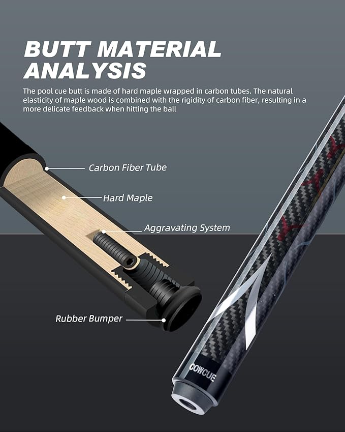 CRICAL Carbon Fiber Pool Cue COWCUE Series Low Deflection Billiards Cue Stick 58" Professional Pool Table Sticks for Adults -12.5mm Tip, Weight 19OZ (Adjustable), 3/8 * 8 Joint