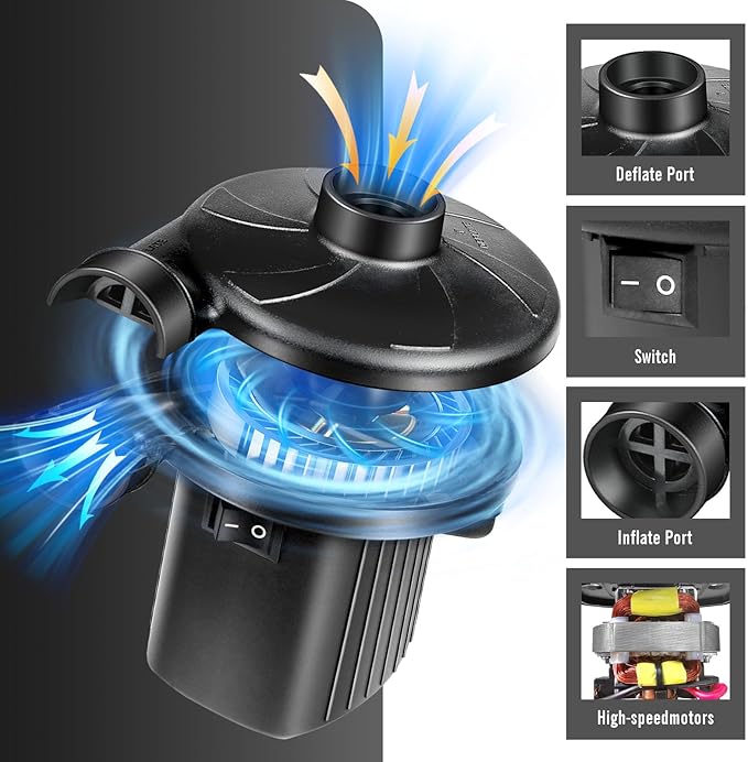 130W Electric Air Pump with 3 Nozzles Options– Fast Inflation for Small Airtight Inflatables, Pool Floaties, Swim Tubes, Camping Gear & Decorations