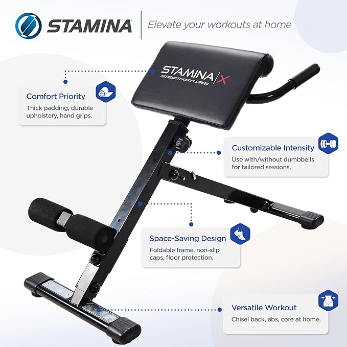 Stamina X Adjustable Ab, Back, and Core Strength Exercise, Sit-Up Fitness Hyperextension Weight Bench for At-Home Workouts
