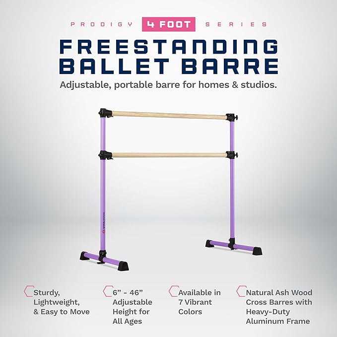 VITA Barre Portable Freestanding Double Ballet Barre, Prodigy, Wood | Adjustable Height, USA Made, Home or Gym Exercise Equipment for Kids & Adults | Dance, Fitness, Pilates