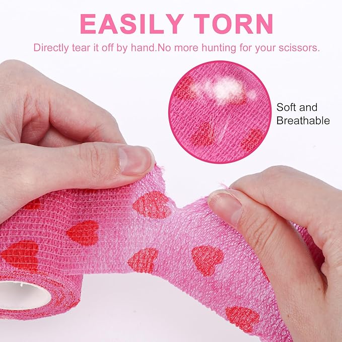 48 Pack Self Adhesive Bandage Wrap, 2” x 5 Yards Cohesive Medical Tape Elastic Grip Tape Black Sports Tape Athletic for Ankle, Wrist Sprains, Pet First Aid (Pink-Heart)
