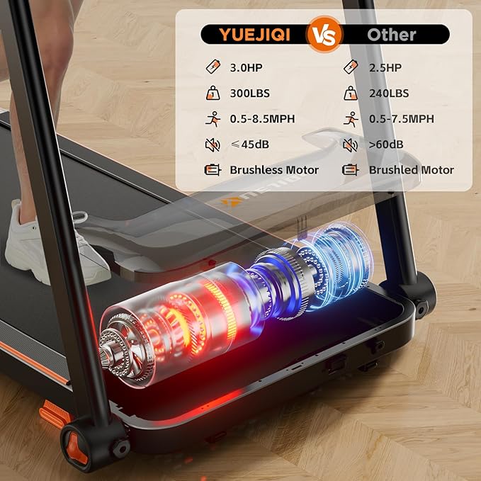 Treadmills for Home, 3.0HP Quiet Brushless Foldable Treadmill with Incline, Small Space Portable Running Walking Machine, 300 Lbs Capacity with Bluetooth APP & Pulse Monitor