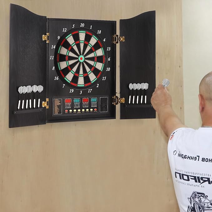Pro Electronic Dartboard Cabinet Set with LED Digital Scoreboard Electronic Dart Board Over 27 Games and 243 Variations for Adults Built-in MDF Cabinet for 12 Soft Tip Darts 88 Tips 16-Player Scoring
