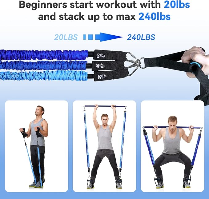 Hommie Portable Pilates Bar Kit with Resistance Bands for Men and Women,Upgraded 3 Section Pilates Bar with Resistance Bands (20-60lb) for Home Gym Equipment Supports Full-Body