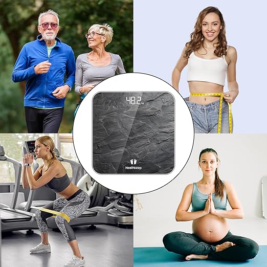 Healthkeep Digital Bathroom Scale, High Precision, with Step-On Technology, LED Display, Slim Design, Max. 180 kg/400 lb, Marbled Gray