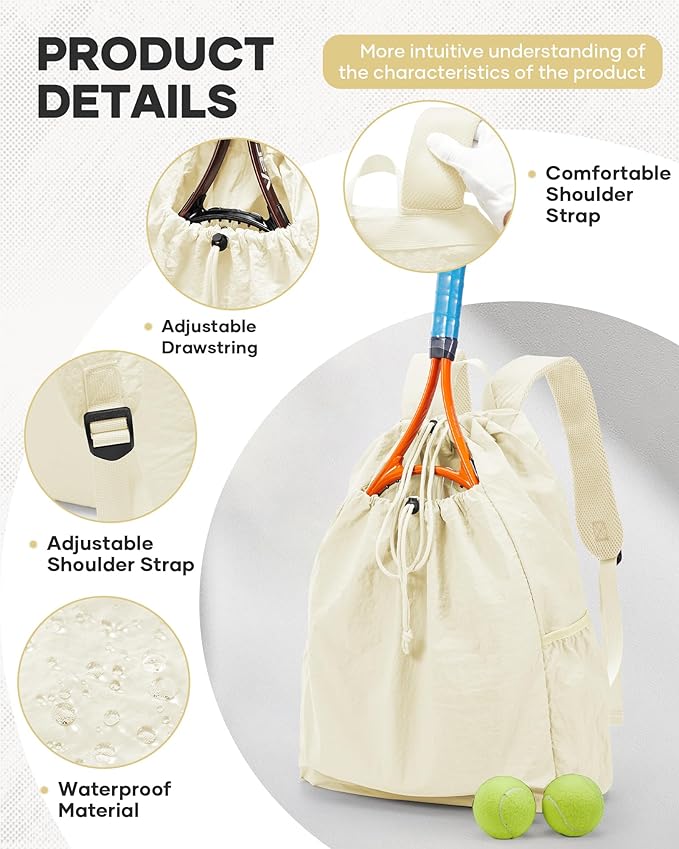 Tennis Racket Bag for Women, Waterproof Tennis Badminton Backpack 2 Racquets, Drawstring Racket Case for Ball Paddles