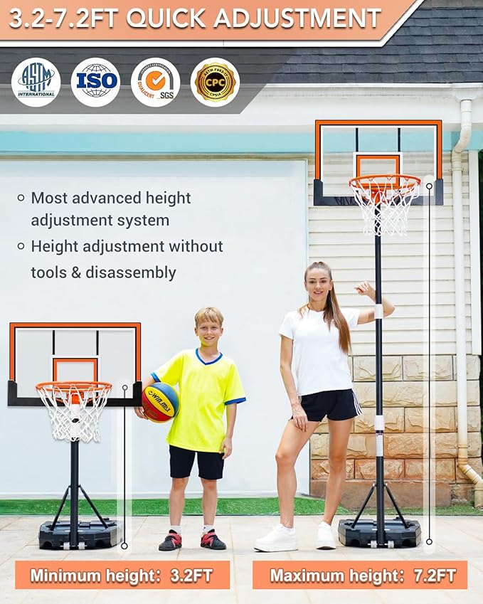 WIN.MAX Basketball Hoop Outdoor with Shatterproof Backboard and Larger Base, Portable Basketball Hoop Goal System Youth/Adults in Backyard/Driveway/Poolside