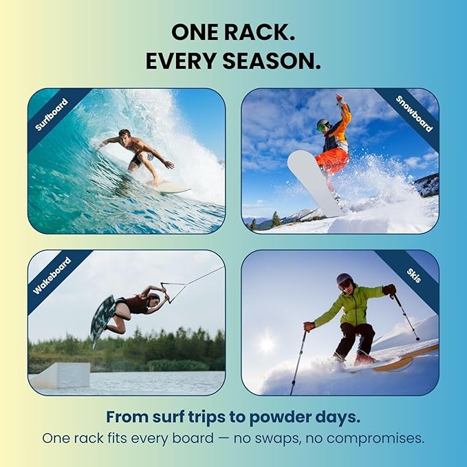 LISS The Sun Rack - Premium Wood Surfboard Wall Mount Rack Display, Ski, Snowboard Holder for 4 Boards for Garage & Home Storage with Built-In Drawer & Hooks for Longboards Shortboards, Wakeboards
