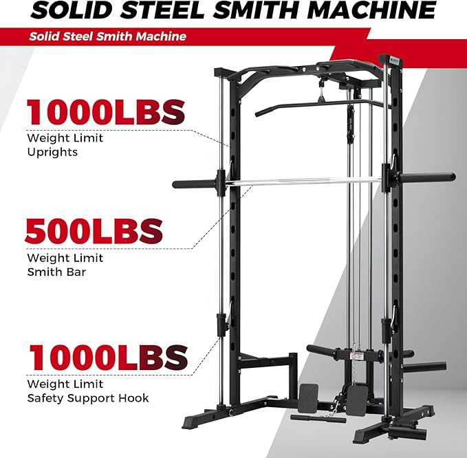 RitFit Smith Machine Power Rack with LAT-Pull Down System, Landmine, Barbell Bar, Plate Storage Pegs and More Training Attachment