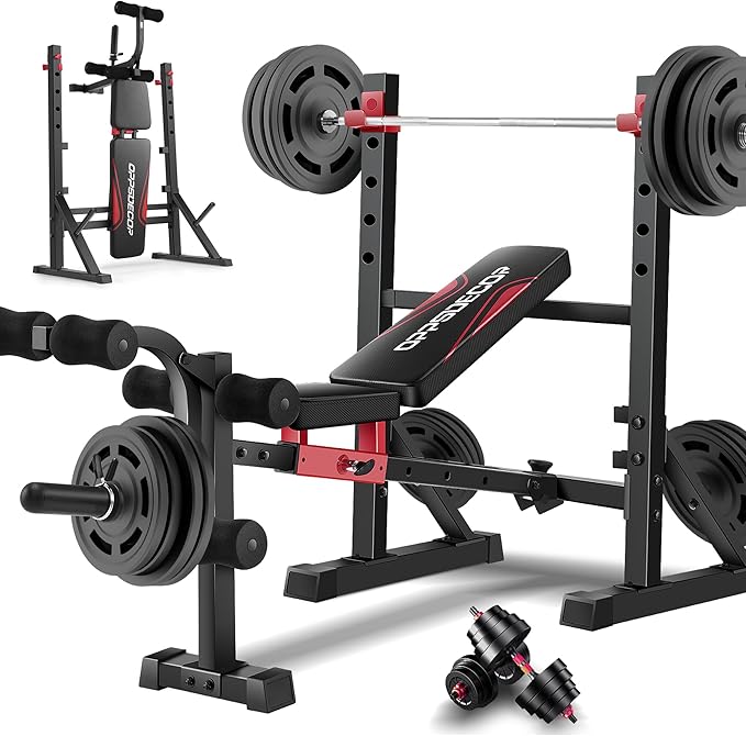 OPPSDECOR 900LBS Olympic Weight Bench Set with Squat Rack Professional Incline Bench Press with Leg Extension & Leg Curl Foldable Decline Flat Workout Bench for Home Gym Full Body Exercise