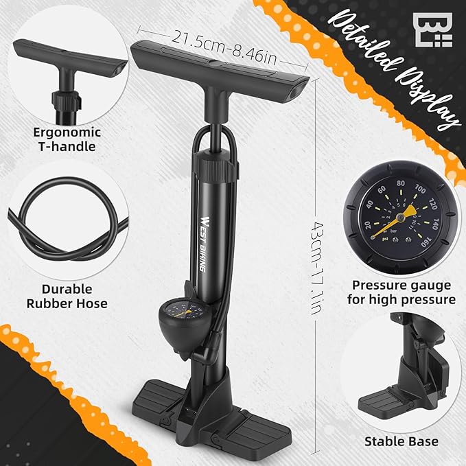 Bike Floor Pump, Bikes Pump with Gauge,Bicycle Air Pump with High Pressure 160 Psi, BikeTire Pump with Presta Schrader Valves,Portable Hand Pump Bike, Fits Road Bikes MTB E-Bike, Ball