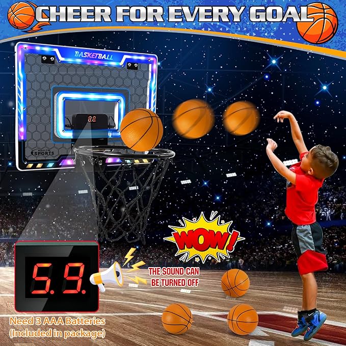 Mini Basketball Hoop Indoor with Scorer and Batteries, Indoor Basketball Hoop Over The Door with Colorful LED Lighting, Toy Basketball Set for Boys Girls Age 3 4 5 6 7 8
