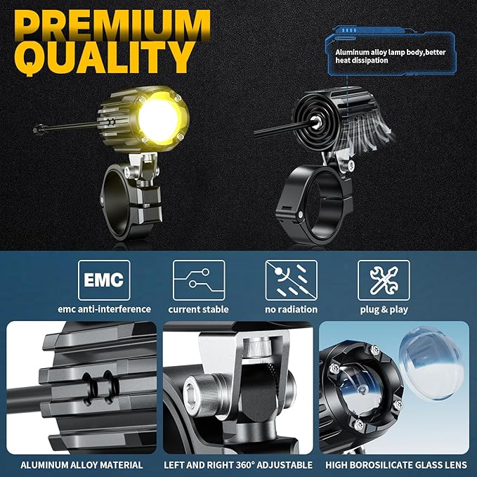 Kewig Motorcycle Auxiliary LED Lights Kits Driving Spotlights, 60W 5000LM Driving Offroad Light, White/Amber Combo Beam Light Waterproof Work Lights for Trucks Jeep ATV UTV Motorcycle
