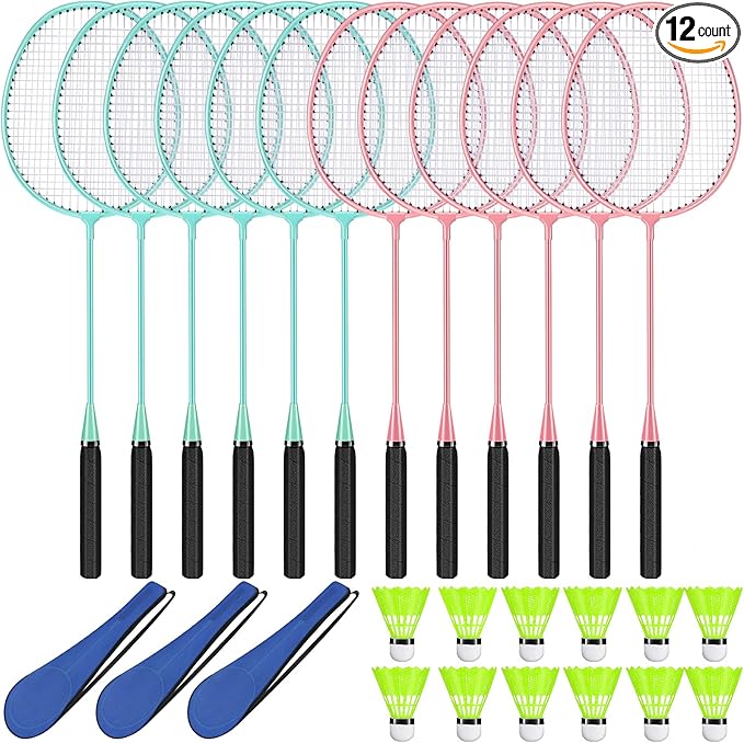 12 Pack Badminton Rackets Set Including Rackets, Nylon Shuttlecocks and Carry Bag for Outdoor Backyard Games Beginners