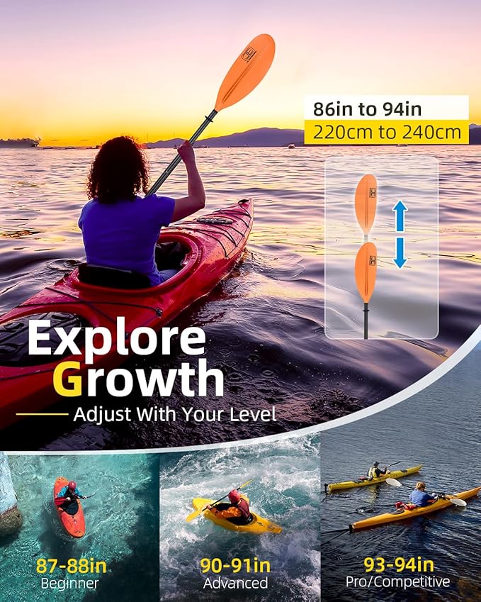 OCEANBROAD Adjustable Carbon Fiber Kayak Paddle 86in/220cm to 94in/240cm Kayaking Oar for Adults with Paddle Leash 1 Paddle