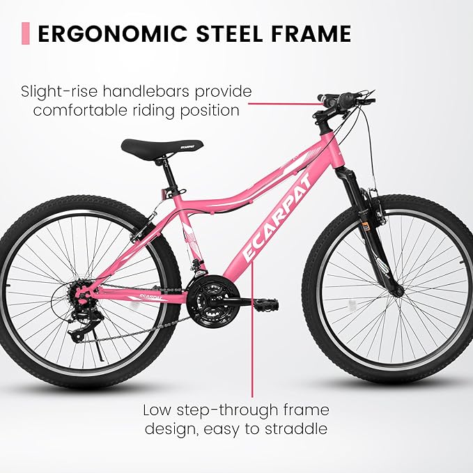 24 26 Inch Women Girls Mountain Bike, Disc/V Brakes 21 Speeds Women Bike, Sturdy Steel Frame and Suspension Fork, Stylish Adult and Teens Bicycle for Urban Trail Snow Commuter