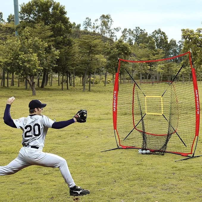 Storgem Baseball and Softball Practice Net 7×7ft Portable Hitting Pitching Batting Training Net Baseball Backstop Net with Batting Tee and Strike Zone and Bow Frame