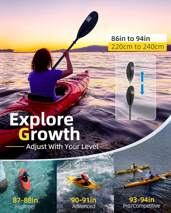 OCEANBROAD Adjustable Carbon Fiber Kayak Paddle 86in/220cm to 94in/240cm Kayaking Oar for Adults with Paddle Leash 1 Paddle