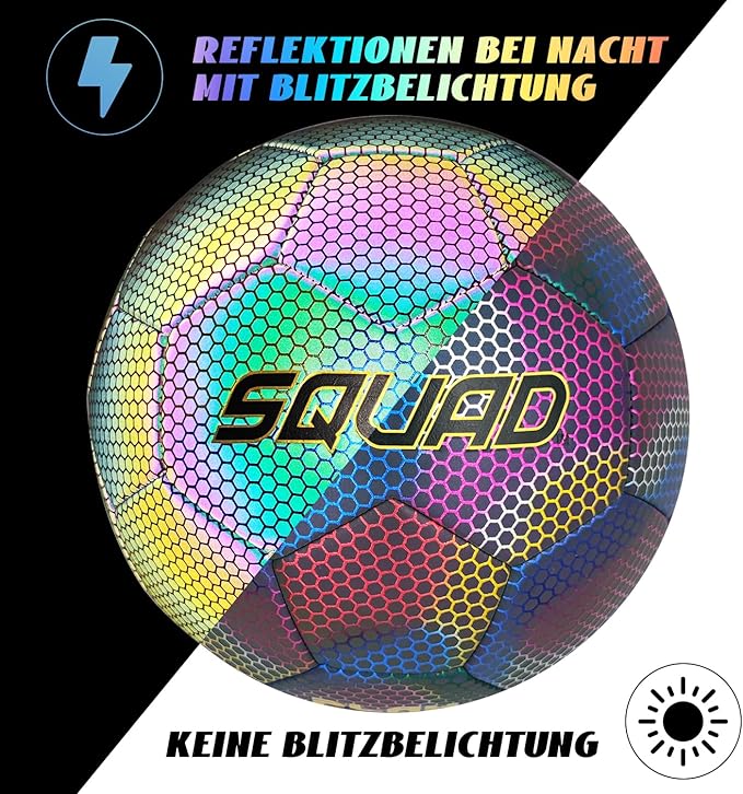 SQUAD Holographic Reflective Soccer Ball Size 5 - Reflective Glowing Ball for Night Games & Training - Durable PU Leather and Rubber Airbags - Cool & Unique Gift for Soccer Fans