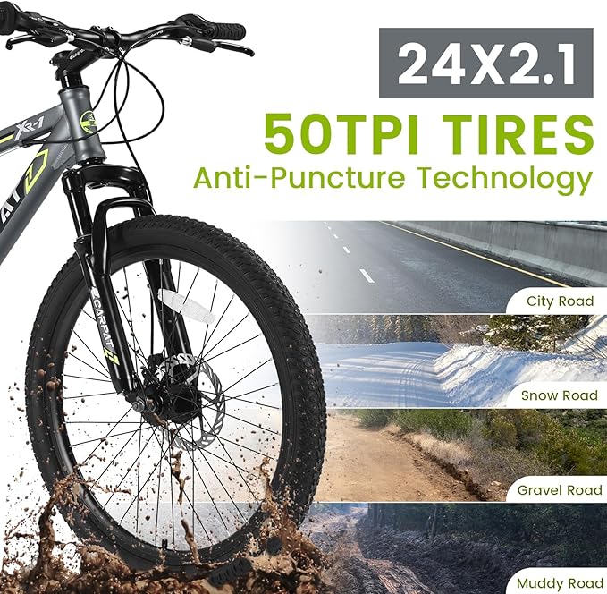 24/26 Inch Mountain Bike, 21 Speed Mountain Bicycle with High Carbon Steel Frame, Dual Disc Brakes and Front Suspension, MTB Bike for Adult Teenagers Boys Girls