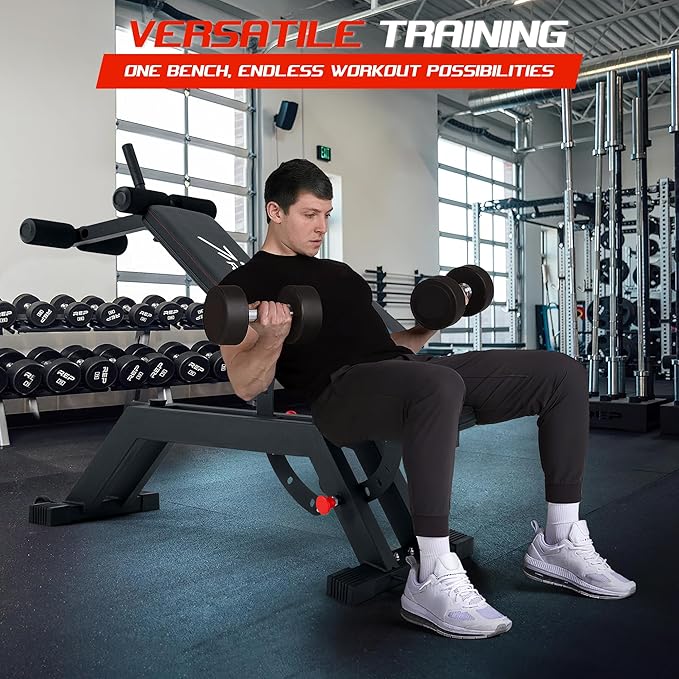 Adjustable Incline Decline Weight Bench for Home Gym, 1000LBS FID Ab Workout Bench with Leg Roller Attachment and Handle for Reverse Crunch, Bench Press, Sit Up and Abs Curl