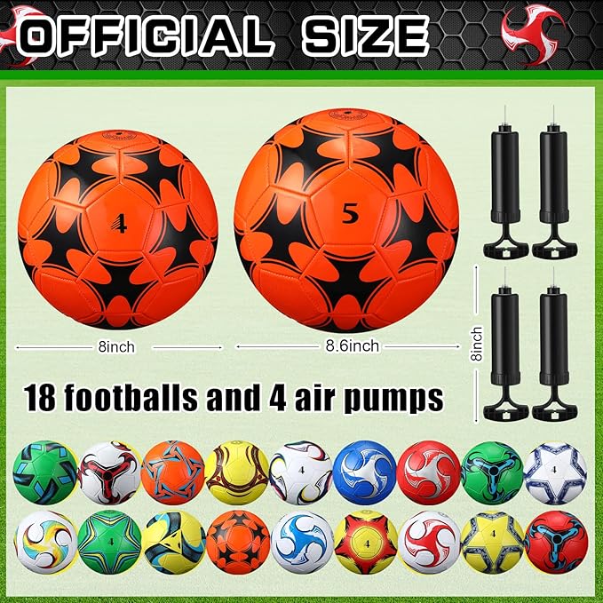 18 Pcs Soccer Balls Football with 4 Pumps Sports Soccer Balls Official Size Soccer Indoor Outdoor Soccer for Child Teens Adult Players Game Training Back to School Gift