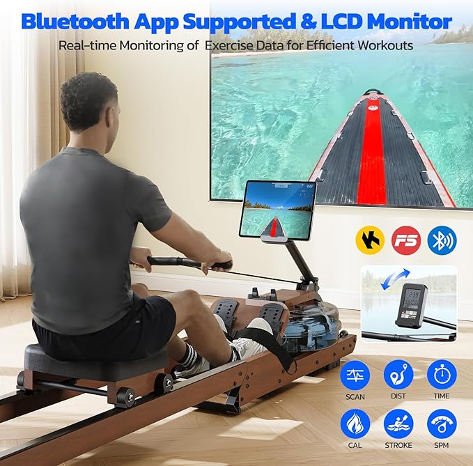 Dripex Water Rowing Machines for Home Use, Foldable Row Machine with 400LBS Weight Capacity, Rower Machine with Dedicated LCD Monitor, Comfortable Seat, Bluetooth App Compatible for Home Gym Exercise